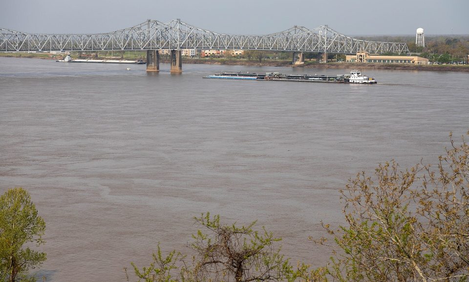 The Mississippi River at Natchez, with the bridges to Vidalia in the distance