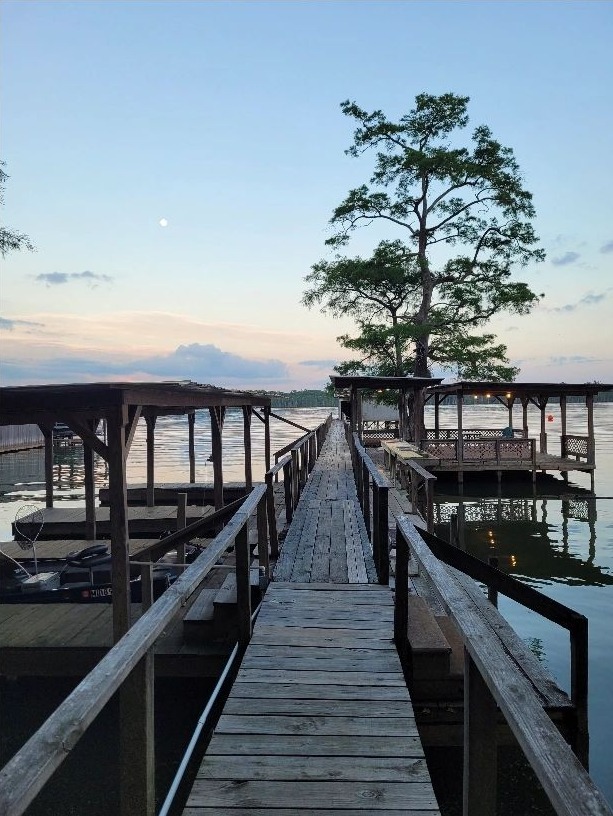 The wooden pier and covered boat slips on Lake St. John at dusk, with a cypress tree beyond